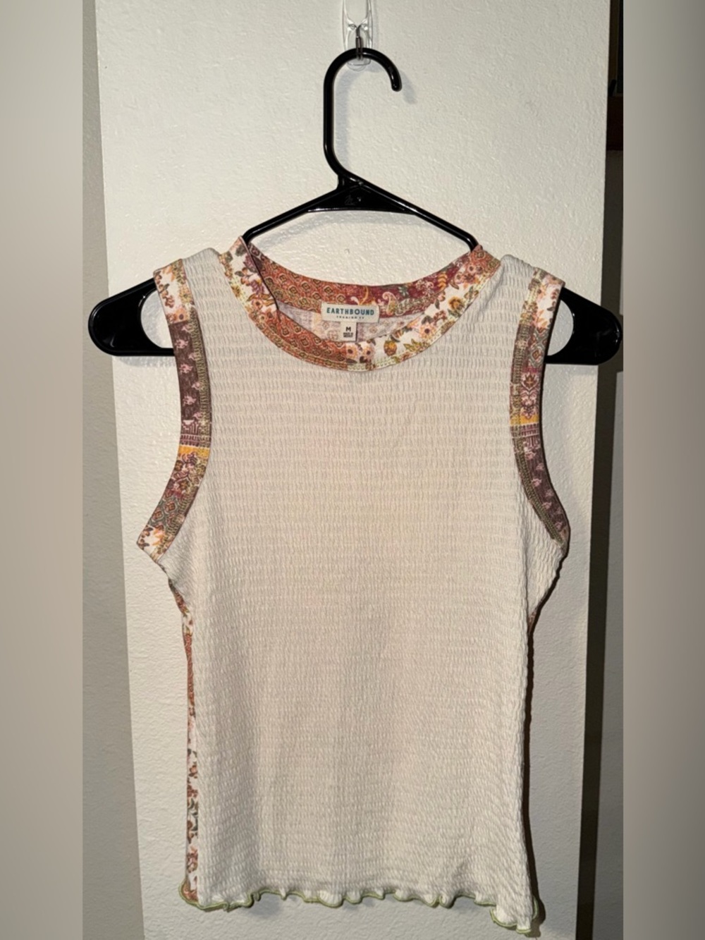 EARTHBOUND  Cream Textured Tank with Floral Trim Accents (Medium)
